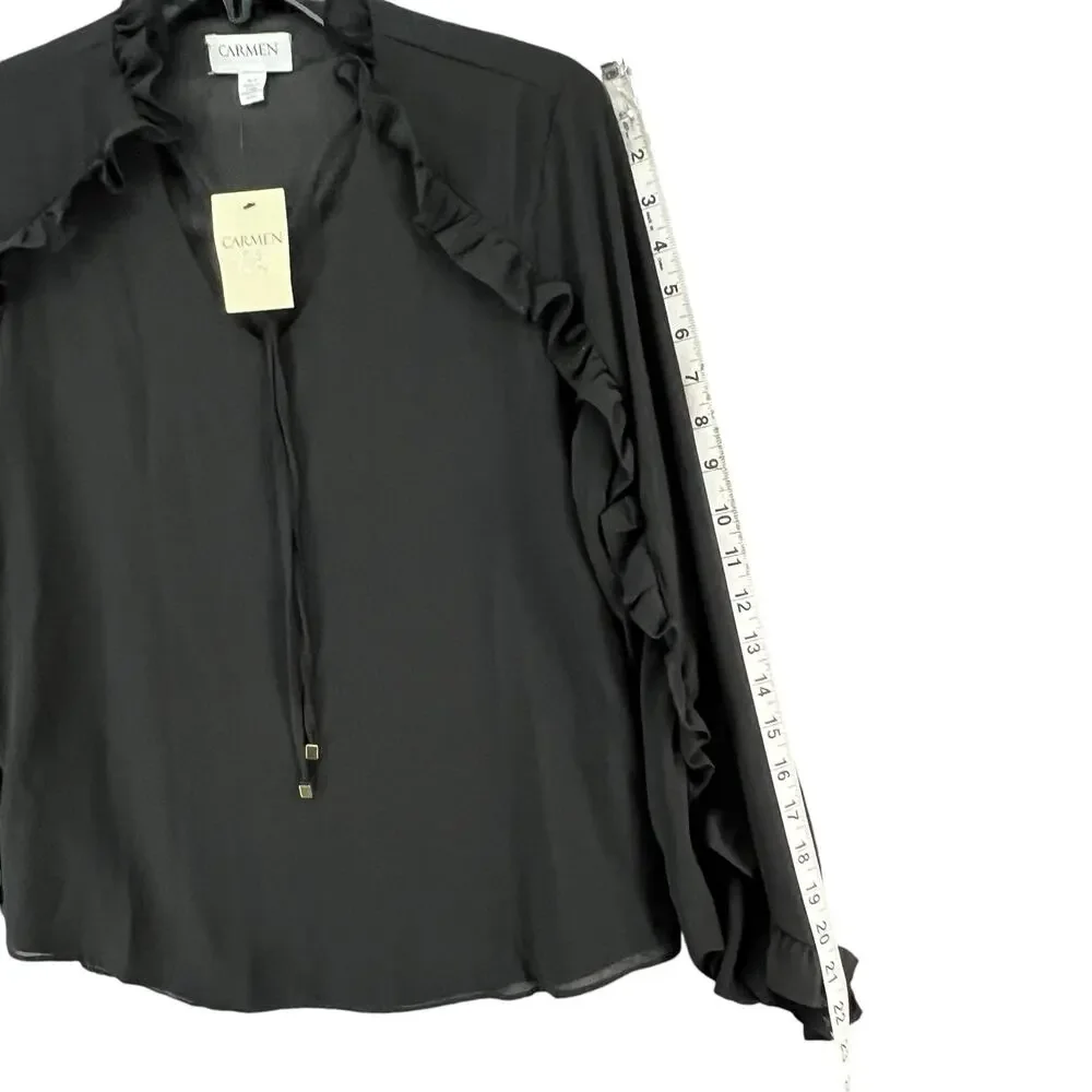 Carmen Marc Valvo Top Womens S Black Chiffon Ruffle‎ Lightweight Coquette Blouse - Picture 9 of 16